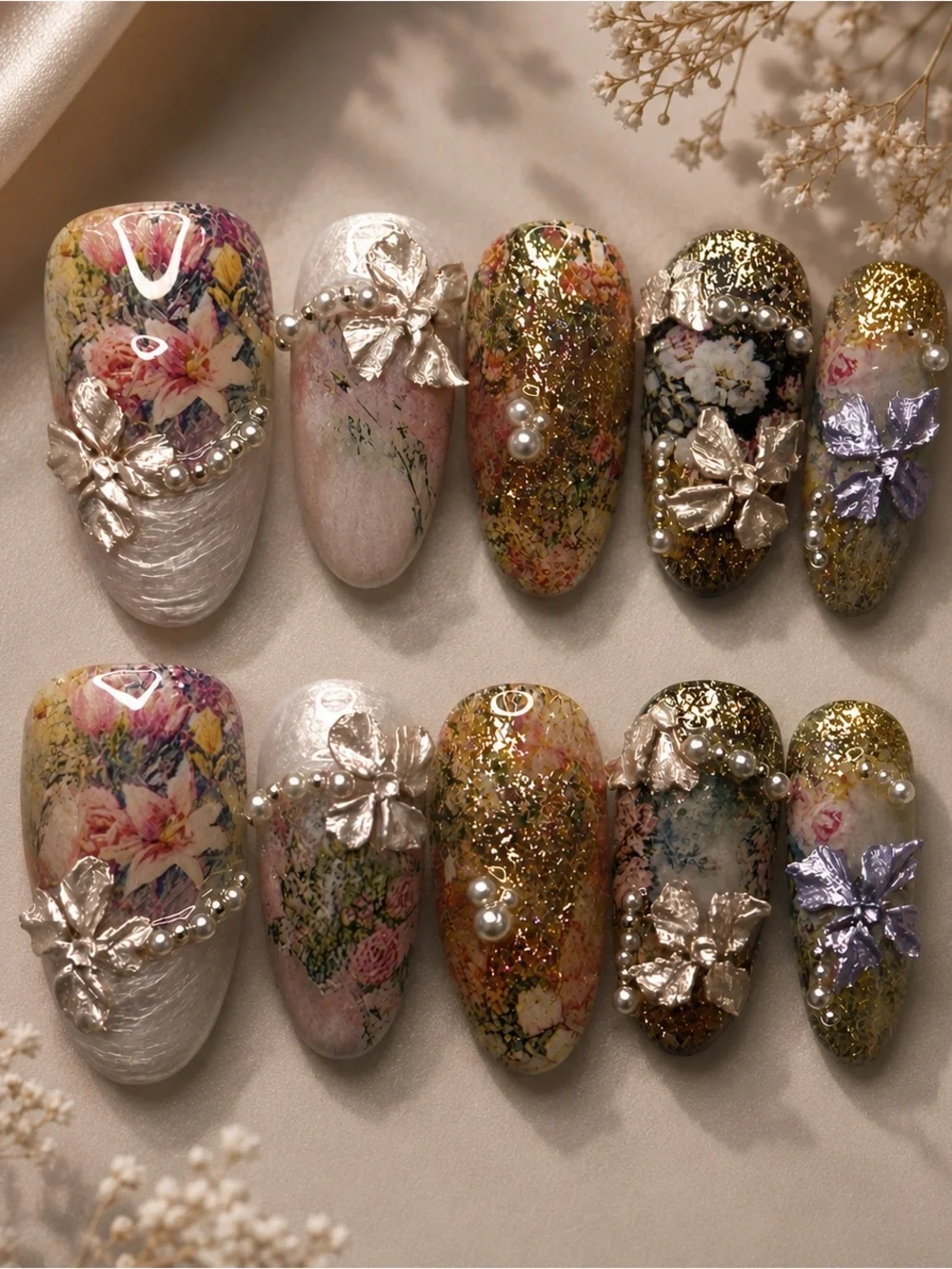 🌸 Vintage Floral Pearl Press-On Nails 🌸